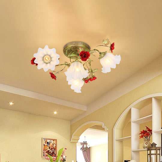 Korean Garden Semi Flush Mount Ceiling Light in Green with Red Rose Accents - Opal Glass, 4/6 Heads