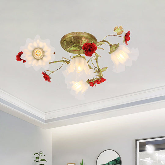 Korean Garden Semi Flush Mount Ceiling Light in Green with Red Rose Accents - Opal Glass, 4/6 Heads