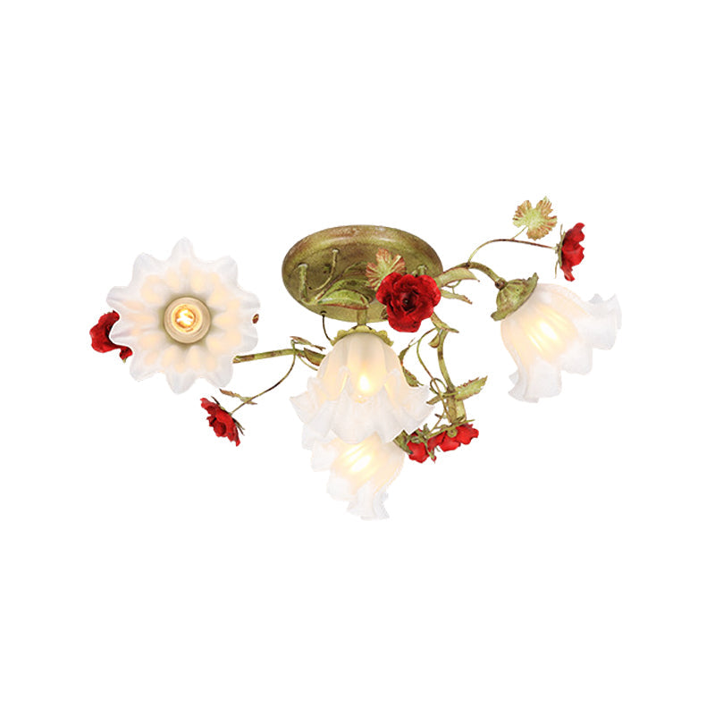 Korean Garden Semi Flush Mount Ceiling Light in Green with Red Rose Accents - Opal Glass, 4/6 Heads