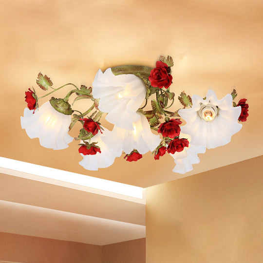 Korean Garden Semi Flush Mount Ceiling Light in Green with Red Rose Accents - Opal Glass, 4/6 Heads