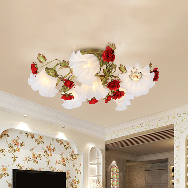 Korean Garden Semi Flush Mount Ceiling Light in Green with Red Rose Accents - Opal Glass, 4/6 Heads