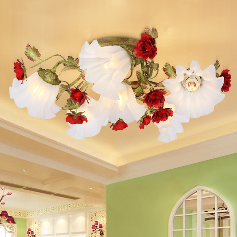 Korean Garden Semi Flush Mount Ceiling Light in Green with Red Rose Accents - Opal Glass, 4/6 Heads