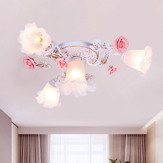 Pastoral White Glass Ceiling Light with Sputnik Design - 4/6/7-Bulb Semi Mount for Bedroom