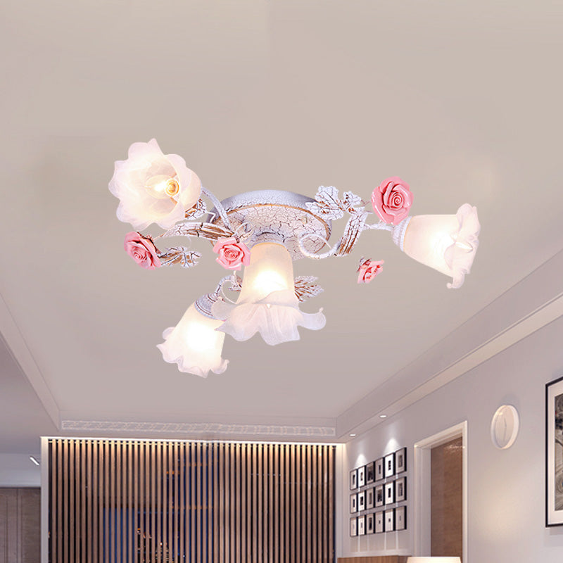 Pastoral White Glass Ceiling Light with Sputnik Design - 4/6/7-Bulb Semi Mount for Bedroom