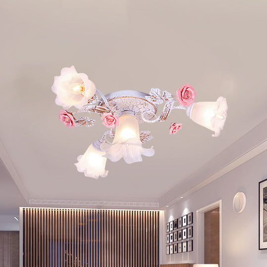 Pastoral White Glass Ceiling Light With Sputnik Design - 4/6/7-Bulb Semi Mount For Bedroom