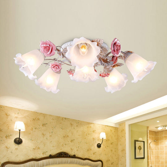 Pastoral White Glass Ceiling Light with Sputnik Design - 4/6/7-Bulb Semi Mount for Bedroom