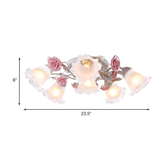 Pastoral White Glass Ceiling Light with Sputnik Design - 4/6/7-Bulb Semi Mount for Bedroom