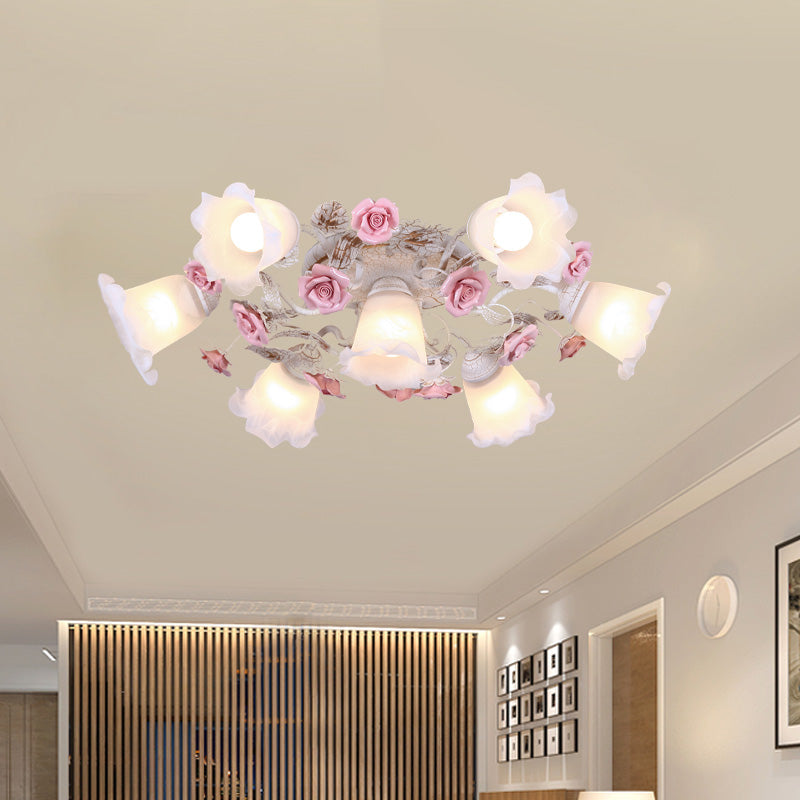 Pastoral White Glass Ceiling Light with Sputnik Design - 4/6/7-Bulb Semi Mount for Bedroom