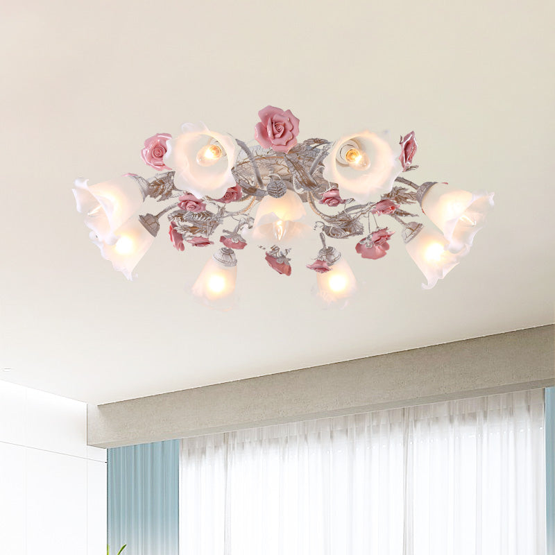 Pastoral White Glass Ceiling Light with Sputnik Design - 4/6/7-Bulb Semi Mount for Bedroom