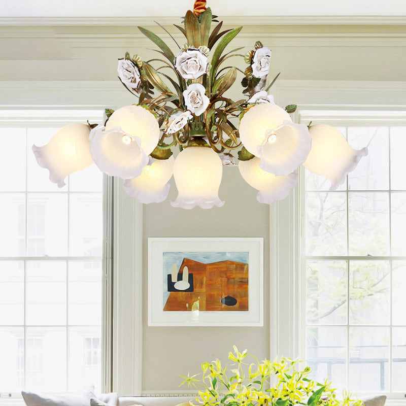 Pastoral Style Green Glass Floral Chandelier - 4/7/9-Light Ceiling Pendant For Dining Room