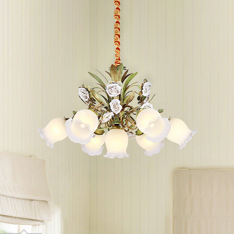 Pastoral Style Green Glass Floral Chandelier - 4/7/9-Light Ceiling Pendant For Dining Room