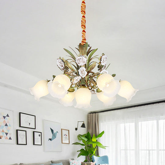 Pastoral Style Green Glass Floral Chandelier - 4/7/9-Light Ceiling Pendant For Dining Room