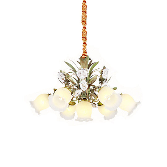 Pastoral Style Green Glass Floral Chandelier - 4/7/9-Light Ceiling Pendant For Dining Room