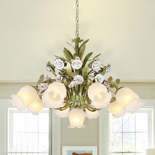 Pastoral Style Green Glass Floral Chandelier - 4/7/9-Light Ceiling Pendant For Dining Room