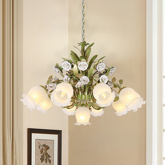 Pastoral Style Green Glass Floral Chandelier - 4/7/9-Light Ceiling Pendant For Dining Room