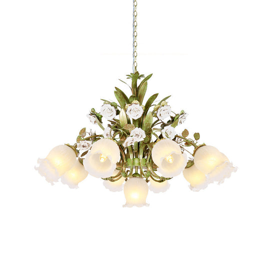 Pastoral Style Green Glass Floral Chandelier - 4/7/9-Light Ceiling Pendant For Dining Room