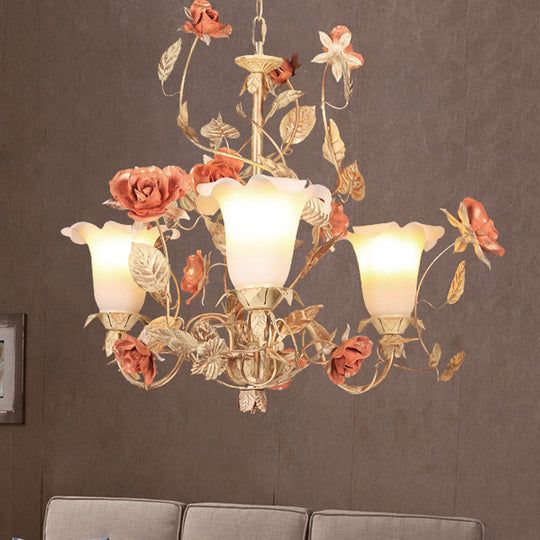 Ivory Glass Tan Chandelier Blossom Pendant Light - 3 Lights Korean Garden Inspired Fixture For