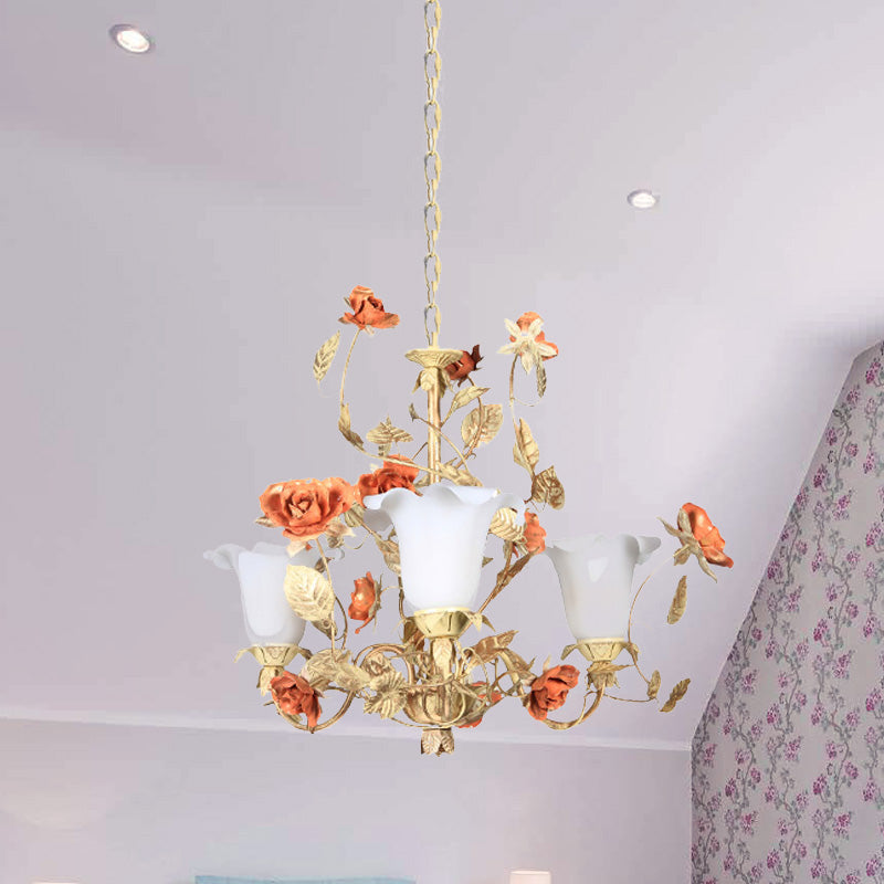 Ivory Glass Tan Chandelier Blossom Pendant Light - 3 Lights Korean Garden Inspired Fixture For