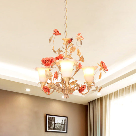 Ivory Glass Tan Chandelier Blossom Pendant Light - 3 Lights Korean Garden Inspired Fixture For