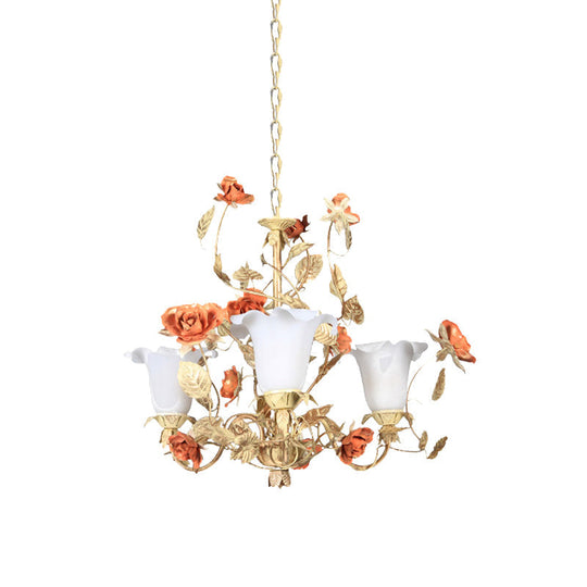 Ivory Glass Tan Chandelier Blossom Pendant Light - 3 Lights Korean Garden Inspired Fixture For