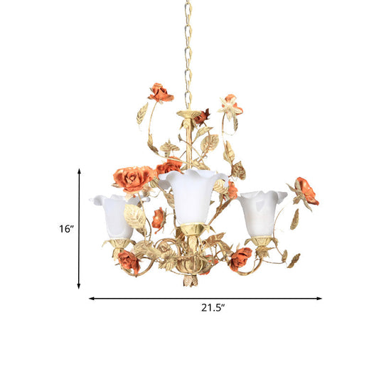 Ivory Glass Tan Chandelier Blossom Pendant Light - 3 Lights Korean Garden Inspired Fixture For