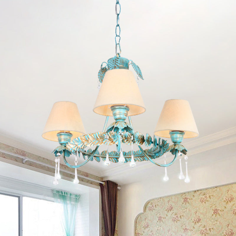 Pastoral Blue Fabric Cone Chandelier Lamp - Elegant 3/6 Bulbs Pendant Light With Metal Leaf And