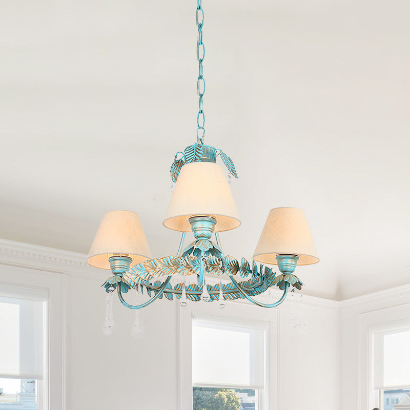 Pastoral Blue Fabric Cone Chandelier Lamp - Elegant 3/6 Bulbs Pendant Light With Metal Leaf And