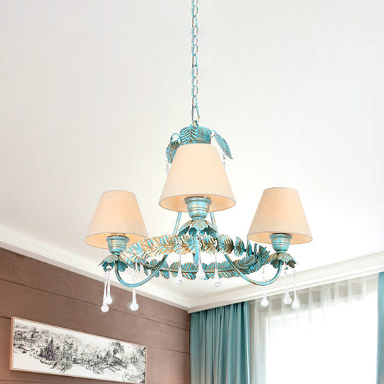 Pastoral Blue Fabric Cone Chandelier Lamp - Elegant 3/6 Bulbs Pendant Light With Metal Leaf And