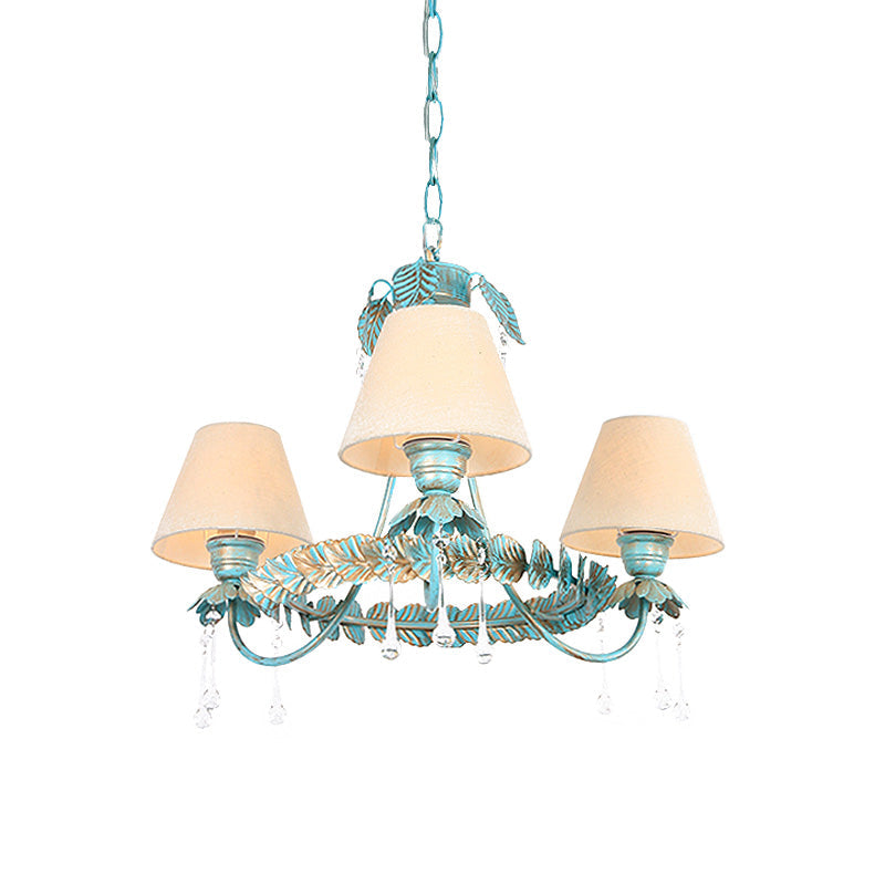 Pastoral Blue Fabric Cone Chandelier Lamp - Elegant 3/6 Bulbs Pendant Light With Metal Leaf And