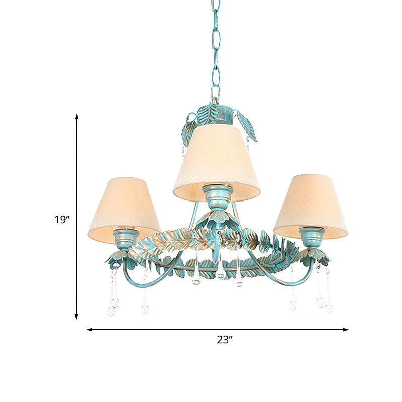 Pastoral Blue Fabric Cone Chandelier Lamp - Elegant 3/6 Bulbs Pendant Light With Metal Leaf And