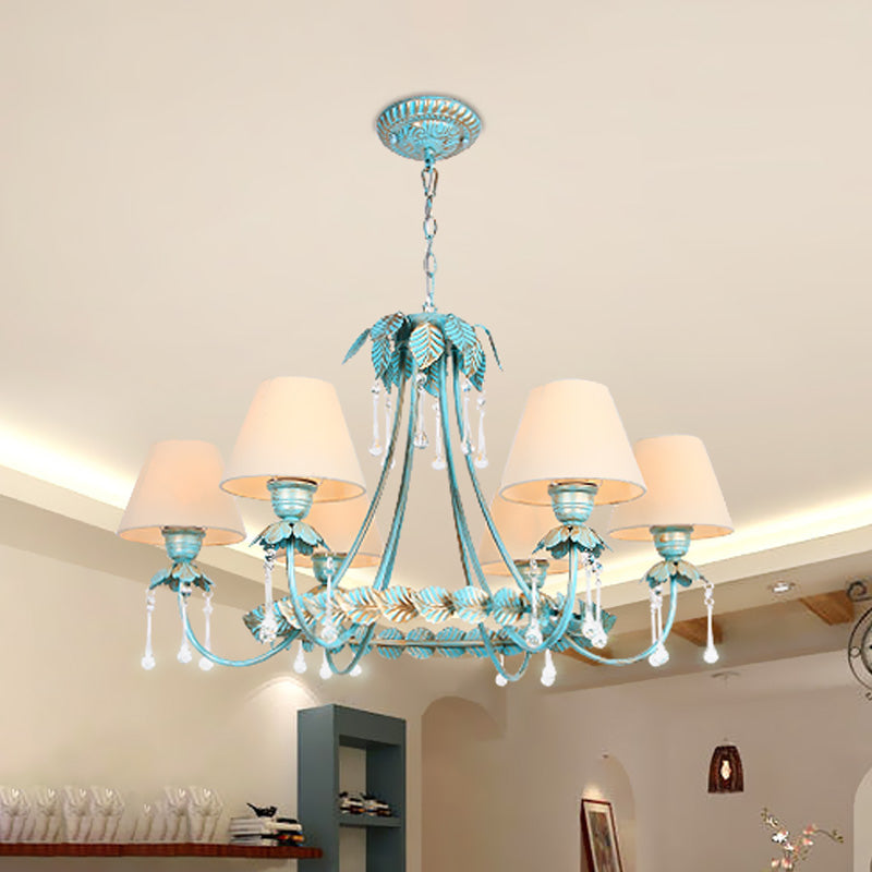 Pastoral Blue Fabric Cone Chandelier Lamp - Elegant 3/6 Bulbs Pendant Light With Metal Leaf And