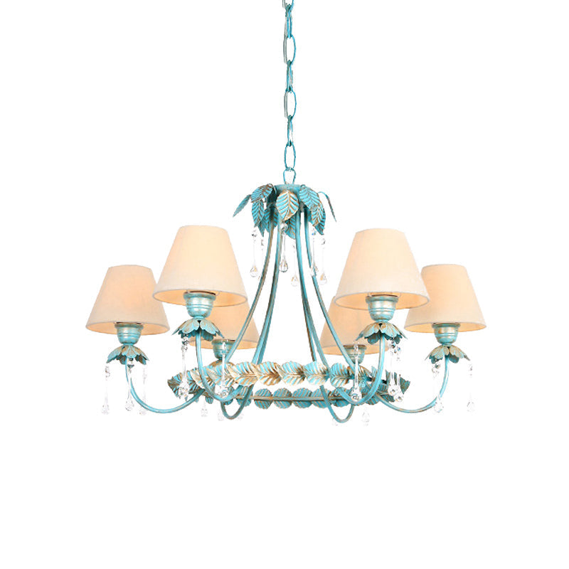 Pastoral Blue Fabric Cone Chandelier Lamp - Elegant 3/6 Bulbs Pendant Light With Metal Leaf And