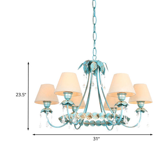 Pastoral Blue Fabric Cone Chandelier Lamp - Elegant 3/6 Bulbs Pendant Light With Metal Leaf And