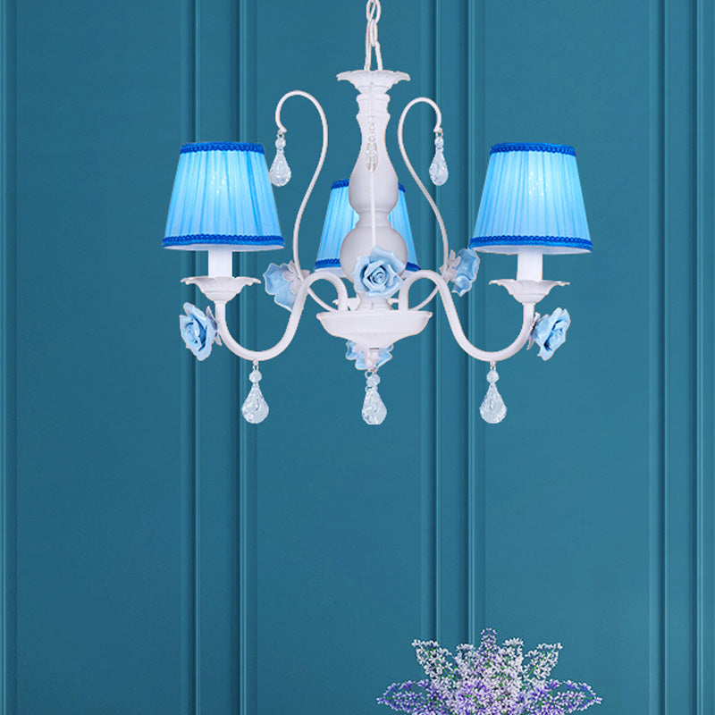 Pastoral Style Fabric Blue Chandelier With Crystal Accent - Conical Pendant Light Fixture (3/6/8