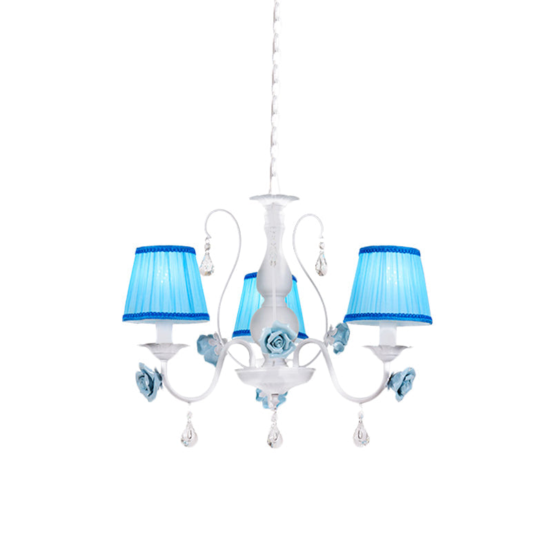 Pastoral Style Fabric Blue Chandelier With Crystal Accent - Conical Pendant Light Fixture (3/6/8