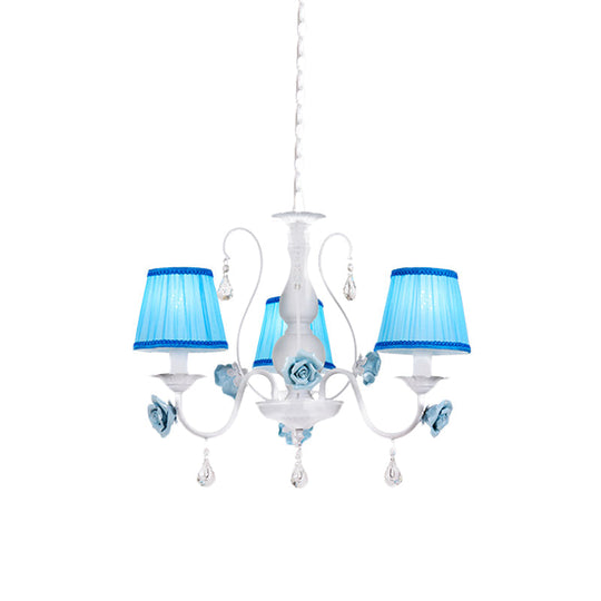 Pastoral Style Fabric Blue Chandelier With Crystal Accent - Conical Pendant Light Fixture (3/6/8