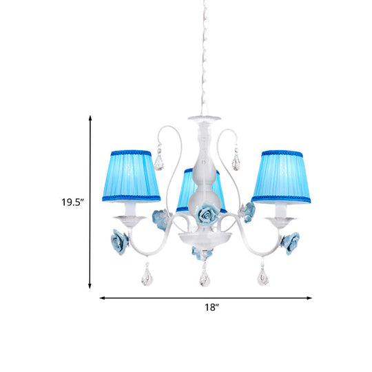 Pastoral Style Fabric Blue Chandelier With Crystal Accent - Conical Pendant Light Fixture (3/6/8