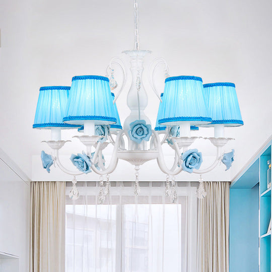 Pastoral Style Fabric Blue Chandelier With Crystal Accent - Conical Pendant Light Fixture (3/6/8