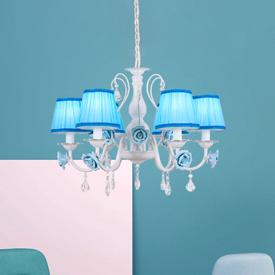 Pastoral Style Fabric Blue Chandelier With Crystal Accent - Conical Pendant Light Fixture (3/6/8