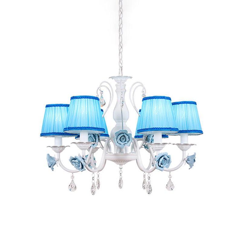 Pastoral Style Fabric Blue Chandelier With Crystal Accent - Conical Pendant Light Fixture (3/6/8