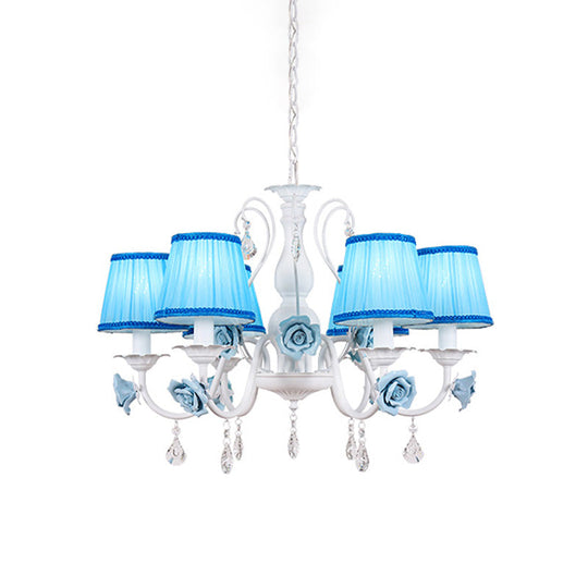 Pastoral Style Fabric Blue Chandelier With Crystal Accent - Conical Pendant Light Fixture (3/6/8