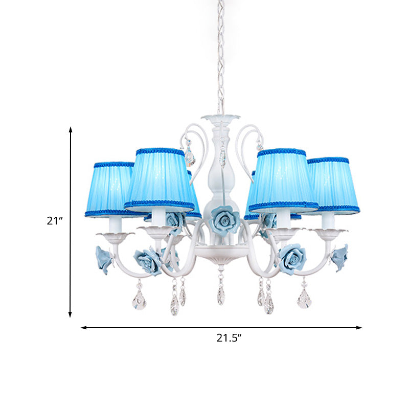 Pastoral Style Fabric Blue Chandelier With Crystal Accent - Conical Pendant Light Fixture (3/6/8