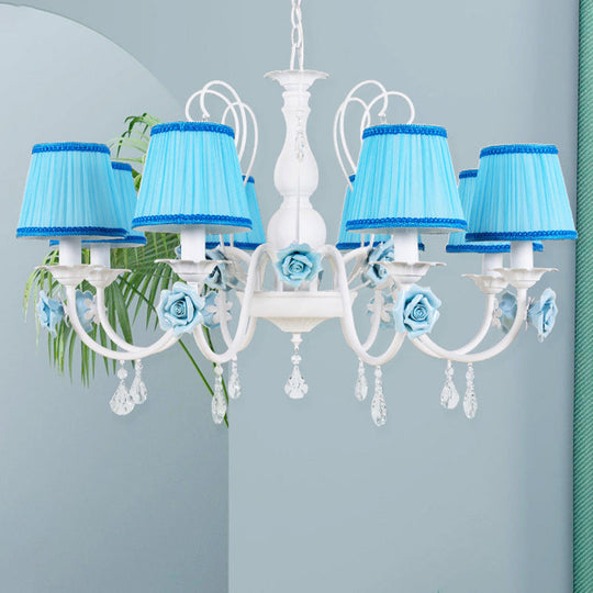 Pastoral Style Fabric Blue Chandelier With Crystal Accent - Conical Pendant Light Fixture (3/6/8