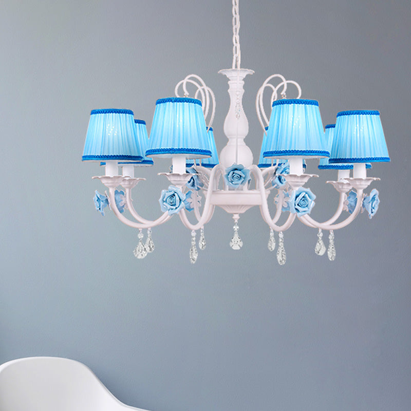 Pastoral Style Fabric Blue Chandelier With Crystal Accent - Conical Pendant Light Fixture (3/6/8