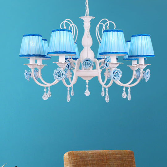 Pastoral Style Fabric Blue Chandelier With Crystal Accent - Conical Pendant Light Fixture (3/6/8