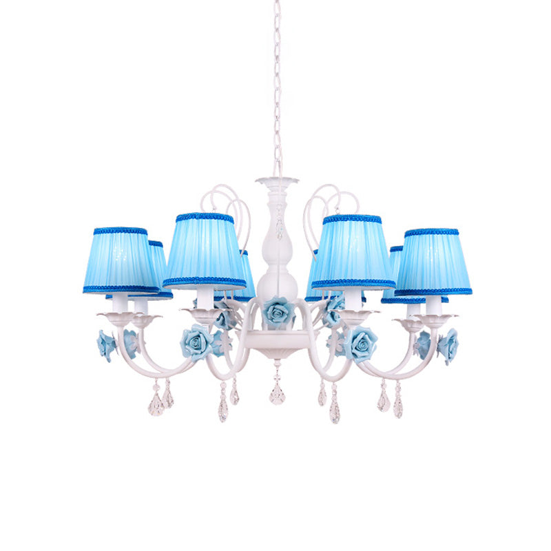 Pastoral Style Fabric Blue Chandelier With Crystal Accent - Conical Pendant Light Fixture (3/6/8