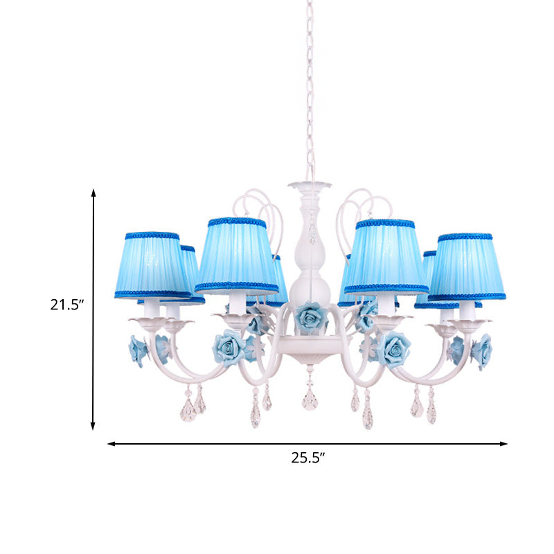 Pastoral Style Fabric Blue Chandelier With Crystal Accent - Conical Pendant Light Fixture (3/6/8