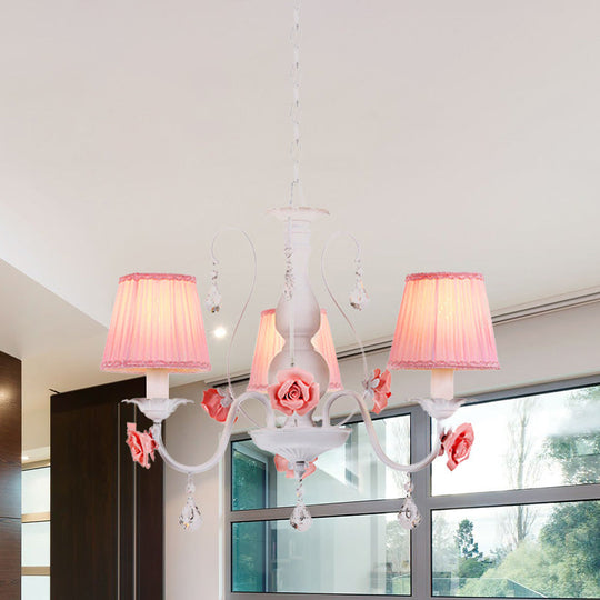 Pastoral Pink Pleated Shade Chandelier With Crystal Drop - Dining Room Pendant (3/6/8 Lights)