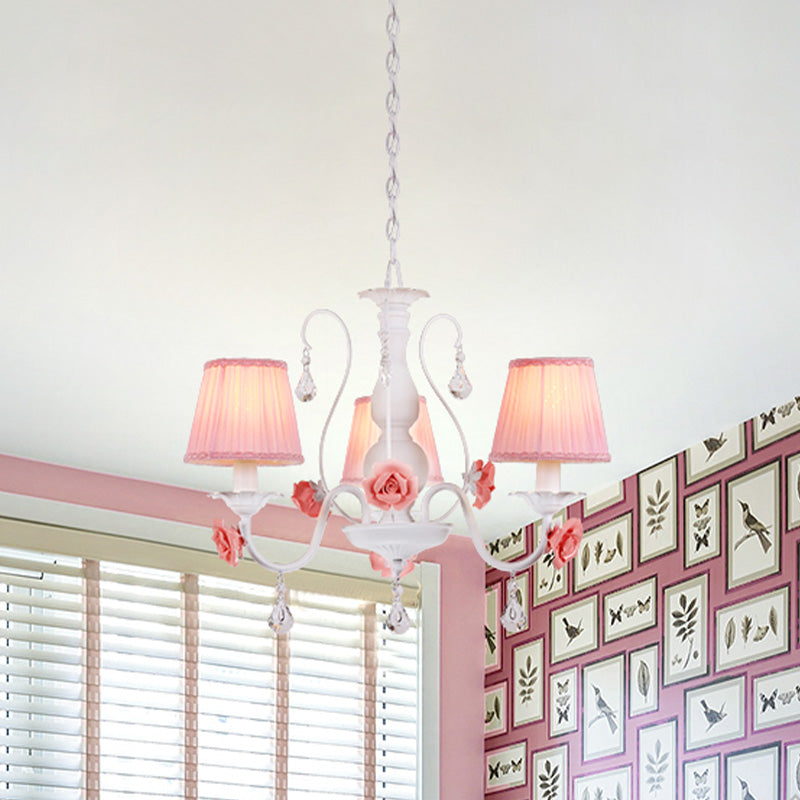 Pastoral Pink Pleated Shade Chandelier With Crystal Drop - Dining Room Pendant (3/6/8 Lights)