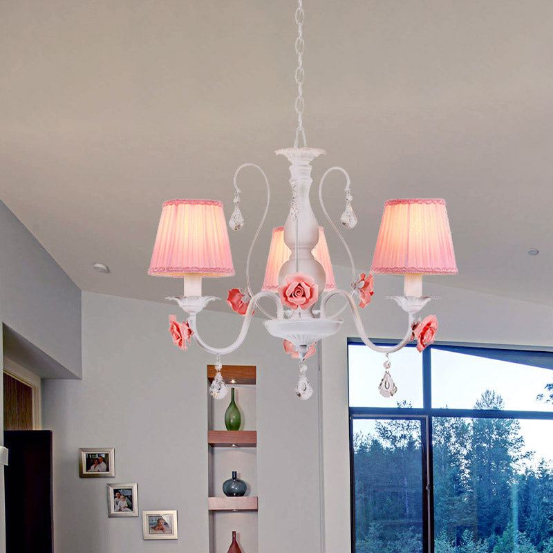 Pastoral Pink Pleated Shade Chandelier With Crystal Drop - Dining Room Pendant (3/6/8 Lights)